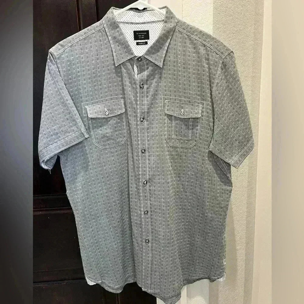 7 Diamonds Men’s Classic Fit Short Sleeve Button Up Shirt- Grey-Size Large
